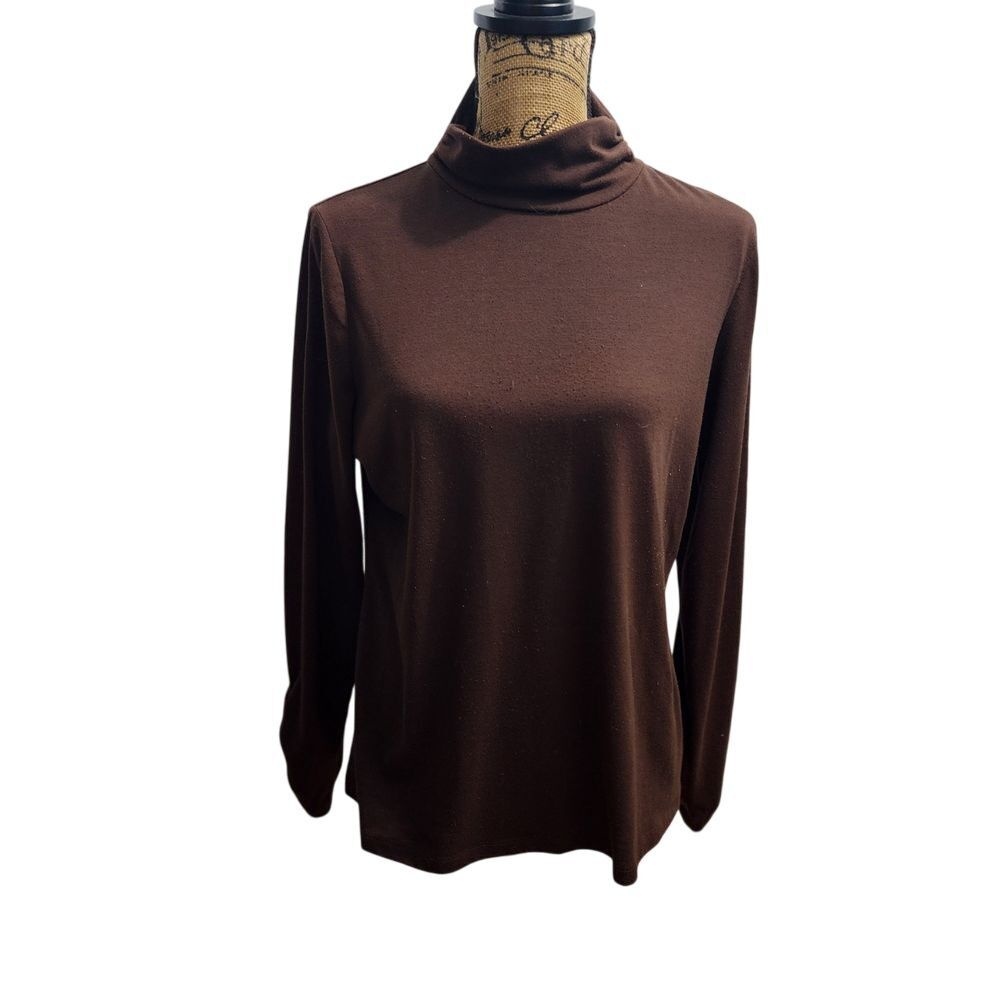 New Directions Petite Brown Long Sleeve Soft Stretch Knit Top Blouse PXL